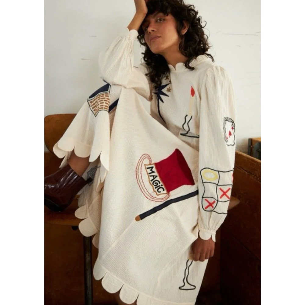 STELLA NOVA IVORY CIRCUS PRINTED APPLIQUE COTTON-SEERSUCKER MIDI DRESS SZ M US 8 - Picture 3 of 16